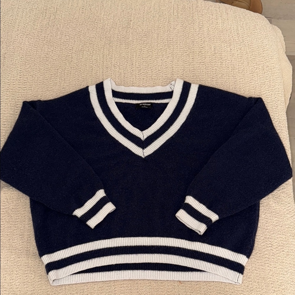 Navy and White V-Neck Crop Sweater